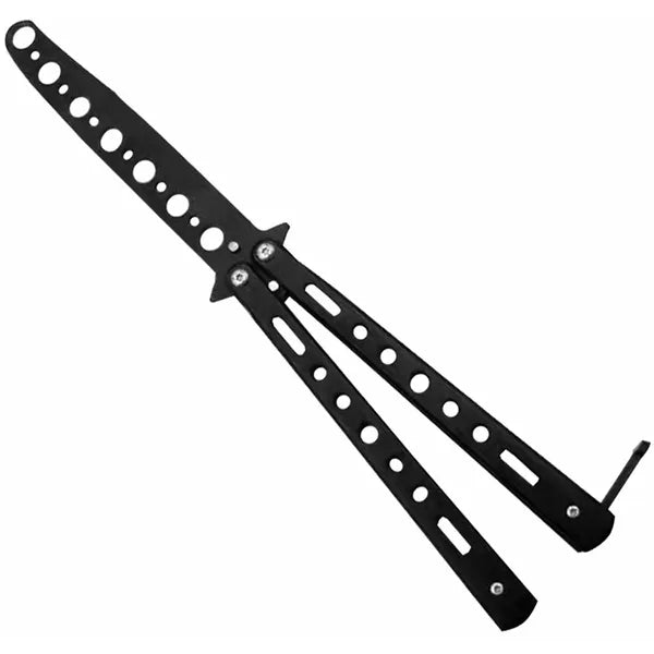 Összecsukható fekete balisong tréningkés, tompa rozsdamentes pengével, 22,5 cm