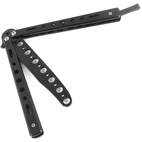 Összecsukható fekete balisong tréningkés, tompa rozsdamentes pengével, 22,5 cm