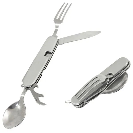 4 az 1-ben kemping zsebszett, rozsdamentes acél evőeszköz, 15 cm, ezüst