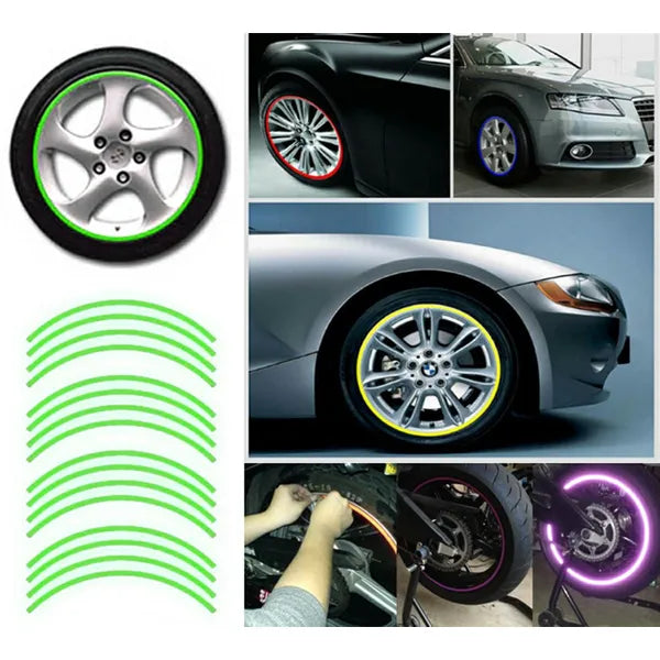 Zöld fényvisszaverő felni matrica készlet autóhoz/motorhoz, 16–18'', 16 db, 8 mm
