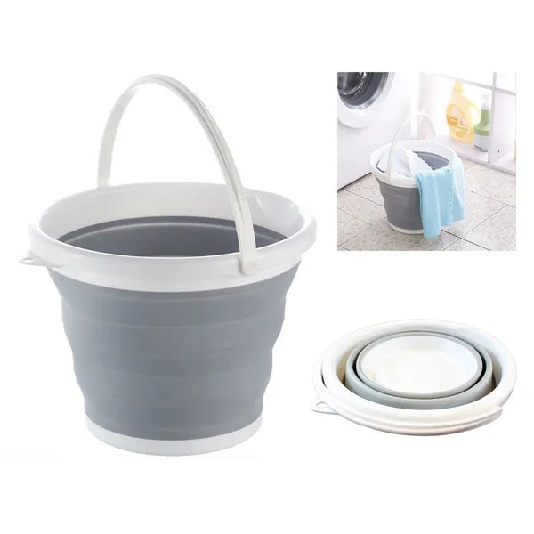 Összecsukható szilikon vödör, 5 l, fehér-szürke, 5 cm lapra csukható
