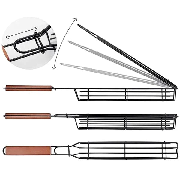 Zárható grillező kosár 49 cm, tapadásmentes, fa nyél, fekete