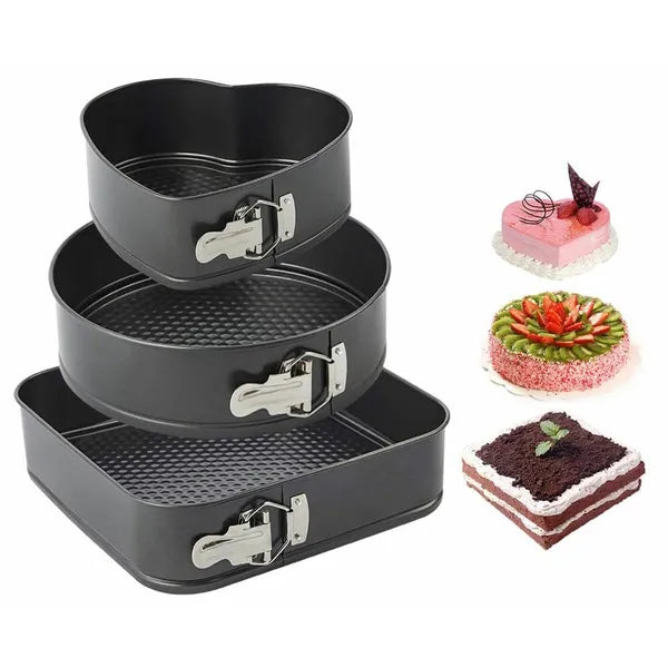 3 részes tortaforma készlet 24/22/18 cm, kocka-kerek-szív, fekete acél