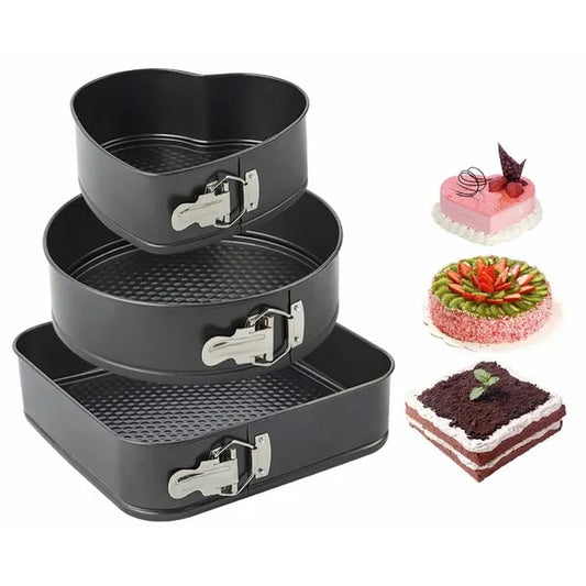 3 részes tortaforma készlet 24/22/18 cm, kocka-kerek-szív, fekete acél