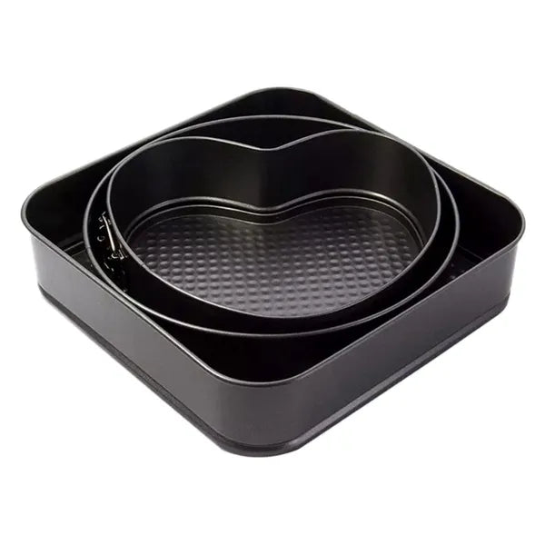 3 részes tortaforma készlet 24/22/18 cm, kocka-kerek-szív, fekete acél
