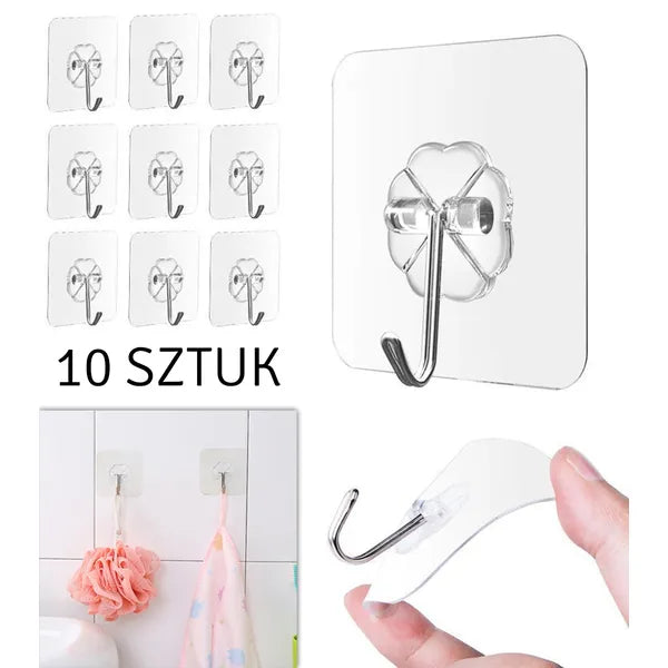 Öntapadós átlátszó fali akasztó, 10 db, 5,5×5,5 cm, kültéri-beltéri