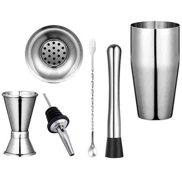 6 részes rozsdamentes acél koktélkészlet, 750 ml shaker, ezüst