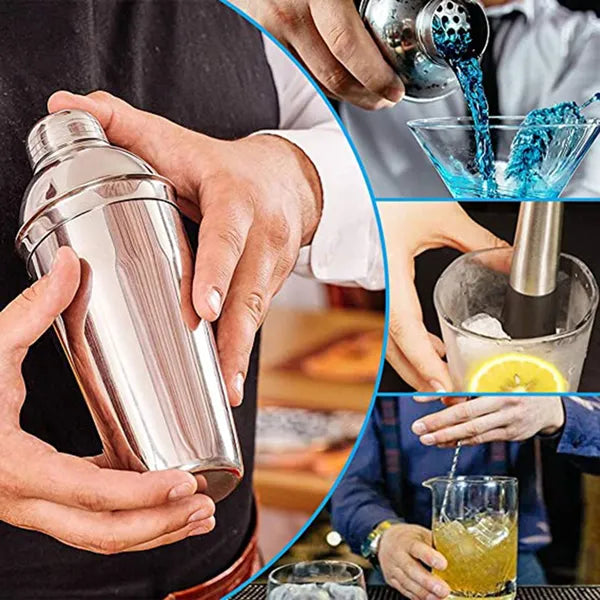 6 részes rozsdamentes acél koktélkészlet, 750 ml shaker, ezüst