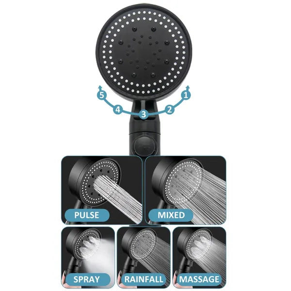 Fekete zuhanyfej 5 funkcióval, STOP áramlásgátlóval, ABS, 25,5 cm