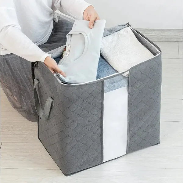 Szürke textil ágynemű- és ruhatároló táska, 47×43×28 cm