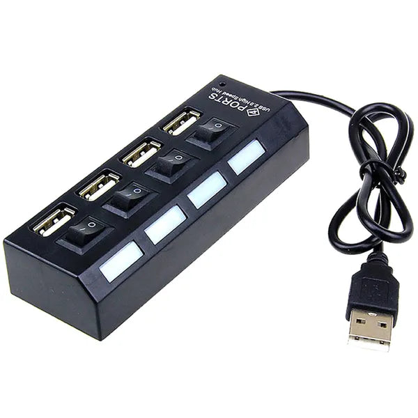 4 portos USB 2.0 hub kapcsolókkal, LED jelzőkkel, fekete