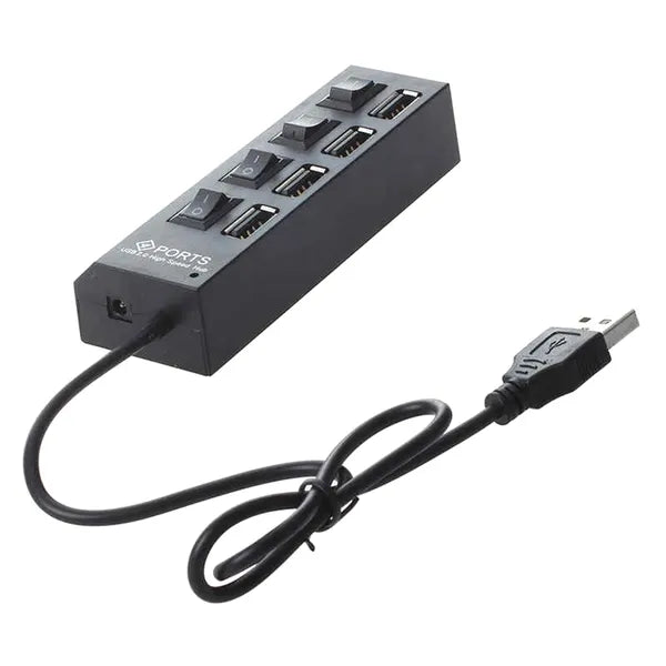 4 portos USB 2.0 hub kapcsolókkal, LED jelzőkkel, fekete