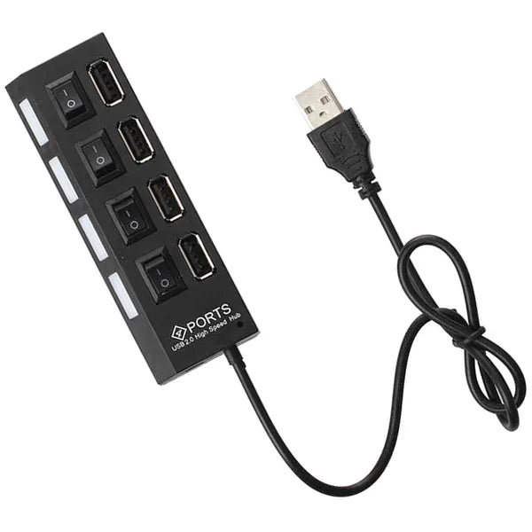 4 portos USB 2.0 hub kapcsolókkal, LED jelzőkkel, fekete