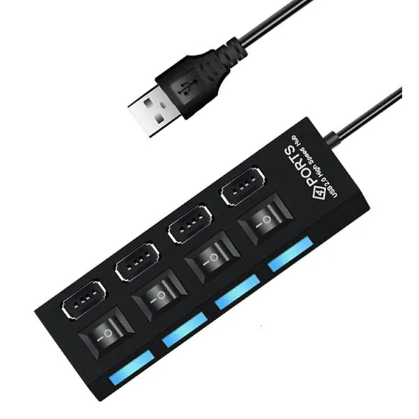 4 portos USB 2.0 hub kapcsolókkal, LED jelzőkkel, fekete