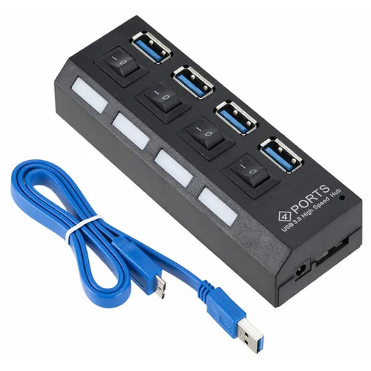 USB 3.0 4 portos aktív hub egyedi kapcsolókkal, fekete