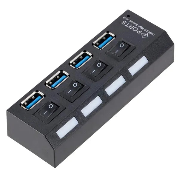USB 3.0 4 portos aktív hub egyedi kapcsolókkal, fekete