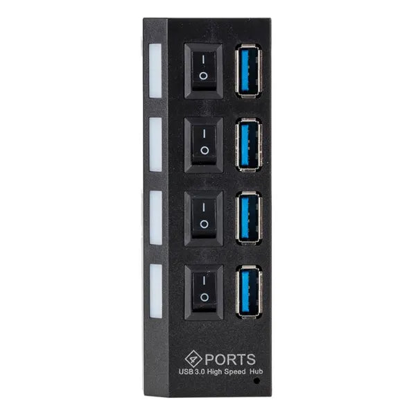 USB 3.0 4 portos aktív hub egyedi kapcsolókkal, fekete