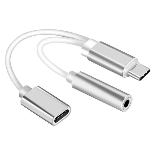 USB-C 2 az 1-ben audio töltő adapter, 3,5 mm jack + USB-C, 13 cm, ezüst