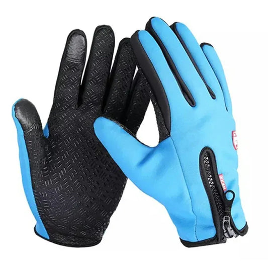 Téli érintőképernyős kesztyű L méret, kék, unisex, cipzáros csúszásgátló