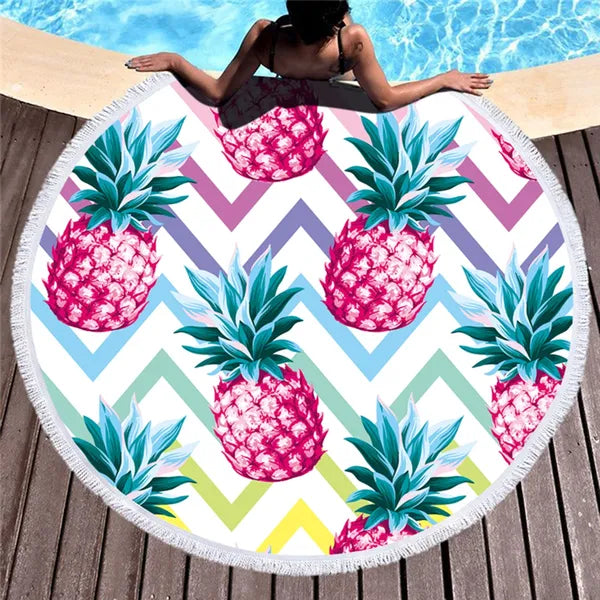 Ananász mintás kerek strandtörölköző 150 cm, gyorsan száradó mikroszálas