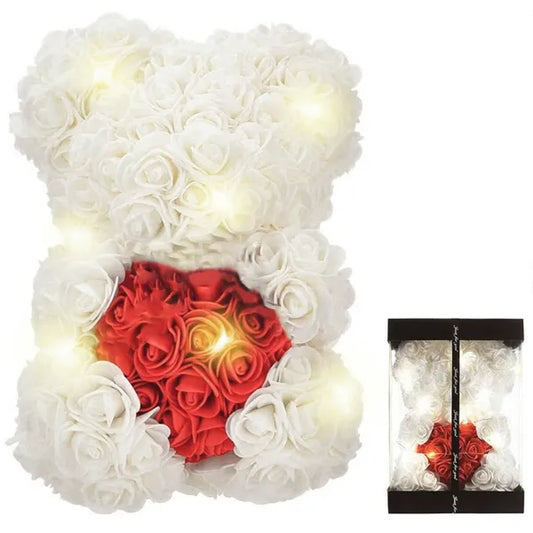 Fehér rózsás maci piros szívvel, LED fényekkel, 25 cm