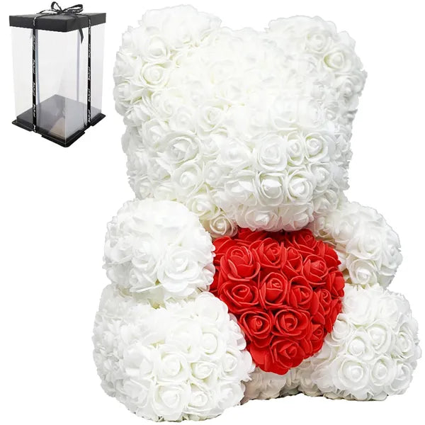 Fehér rózsás maci piros szívvel, LED fényekkel, 25 cm