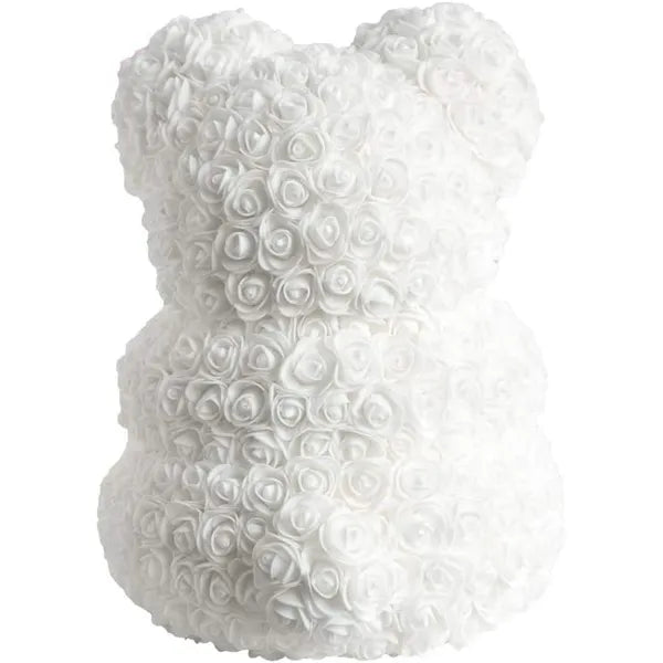 Fehér rózsás maci piros szívvel, LED fényekkel, 25 cm