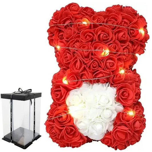 Piros rózsás maci fehér szívvel, LED fényekkel, 23 cm