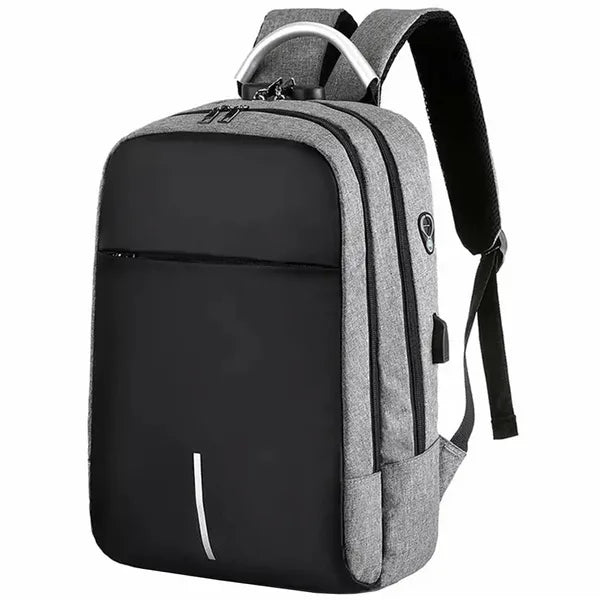 Szürke-fekete, vízálló, kódzáras laptop hátizsák USB-A porttal, 15,6″