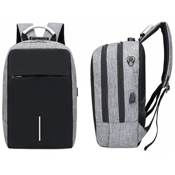 Szürke-fekete, vízálló, kódzáras laptop hátizsák USB-A porttal, 15,6″