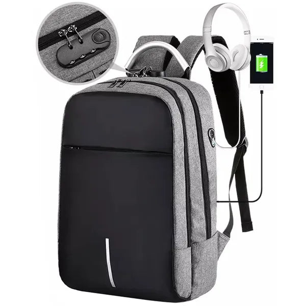 Szürke-fekete, vízálló, kódzáras laptop hátizsák USB-A porttal, 15,6″
