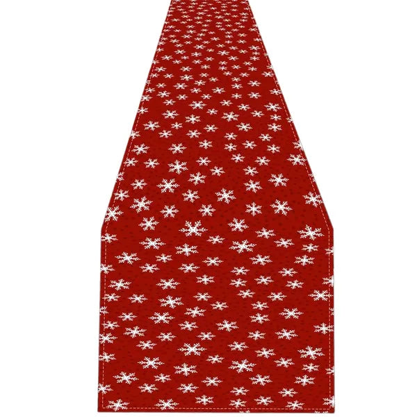 Karácsonyi asztali futó piros-fehér hópelyhekkel 33×275 cm