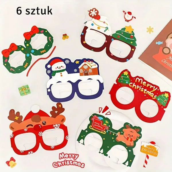 Gyerek karácsonyi papír szemüveg szett, 6 db, vegyes minták, 13 cm
