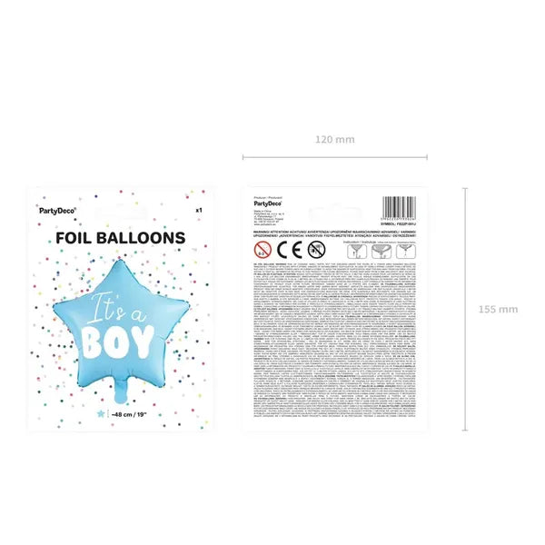 Fiús baby shower fólia csillag lufi „It's a boy”, világoskék, 48 cm