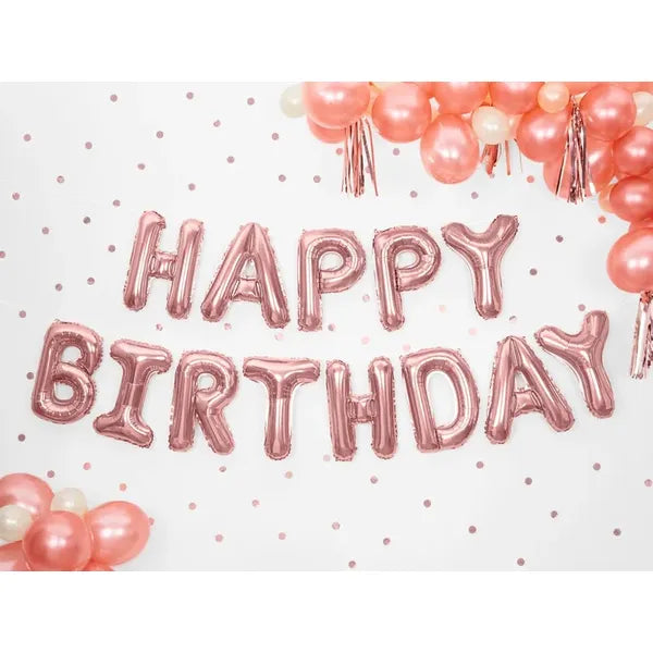 Happy Birthday rózsaarany fólia léggömb dekoráció, 340×35 cm