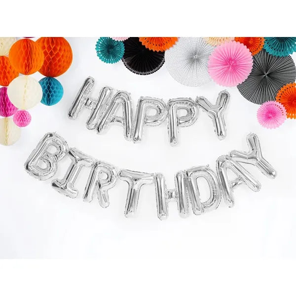 Happy Birthday ezüst metál fólia lufifüzér 340×35 cm szülinapi dekor