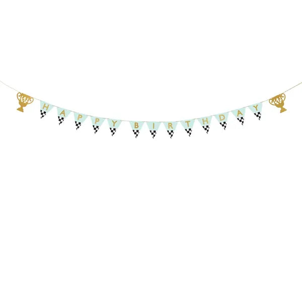 Happy Birthday feliratú serleges papír banner, 2,5 m, vegyes színek