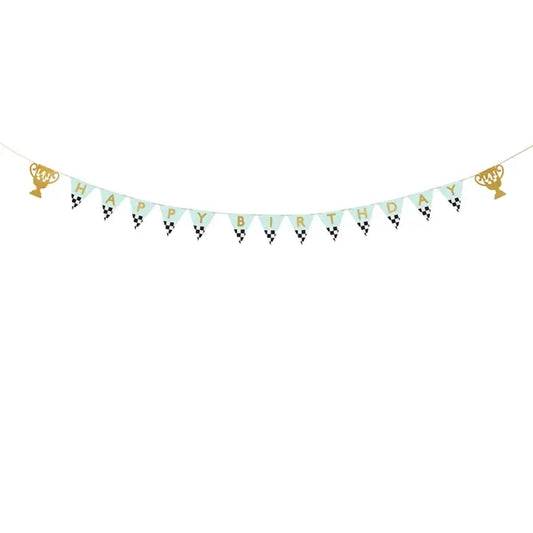 Happy Birthday feliratú serleges papír banner, 2,5 m, vegyes színek