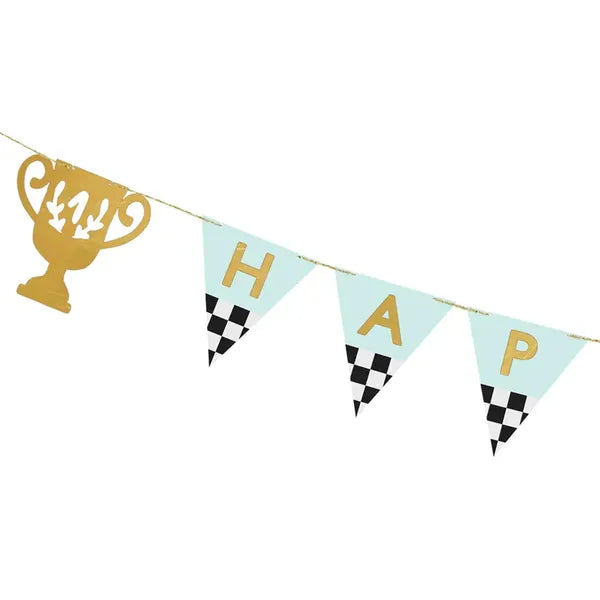 Happy Birthday feliratú serleges papír banner, 2,5 m, vegyes színek