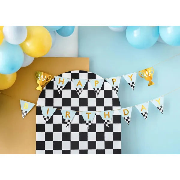 Happy Birthday feliratú serleges papír banner, 2,5 m, vegyes színek