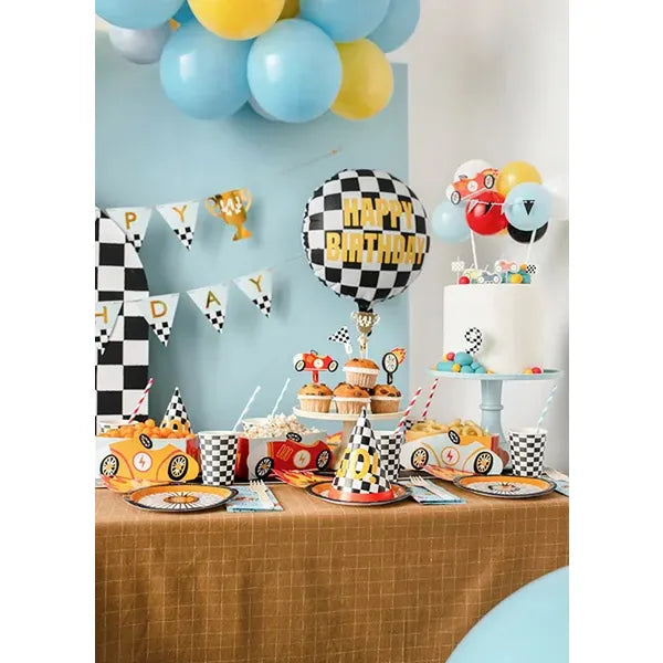 Happy Birthday feliratú serleges papír banner, 2,5 m, vegyes színek