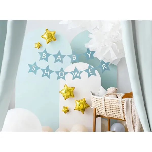 Világoskék „Baby Shower” csillagos papír girland 290×16,5 cm