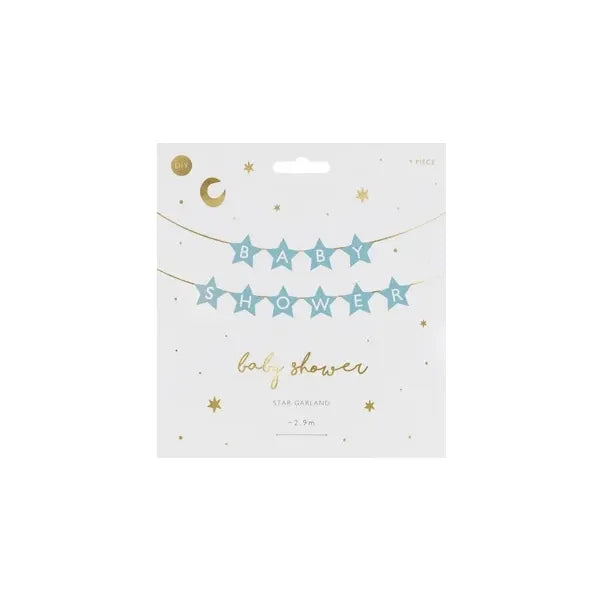 Világoskék „Baby Shower” csillagos papír girland 290×16,5 cm