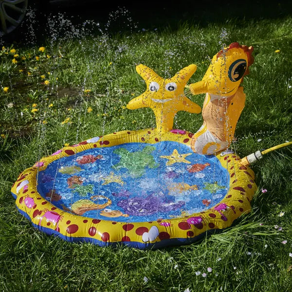 Gyermek kerti vizes szórómatrac szökőkúttal, 98 cm, sárga tengeri motívum
