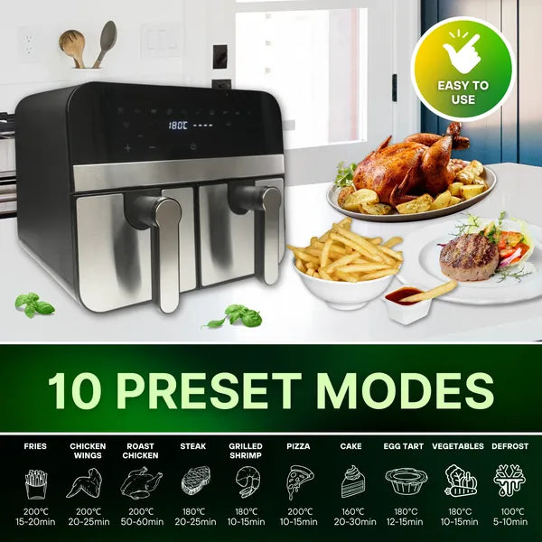 Kétskosaras 9 l 2400 W inox digitális forrólevegős sütő érintőkijelzővel
