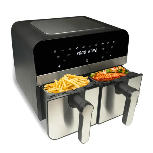 Kétskosaras 9 l 2400 W inox digitális forrólevegős sütő érintőkijelzővel