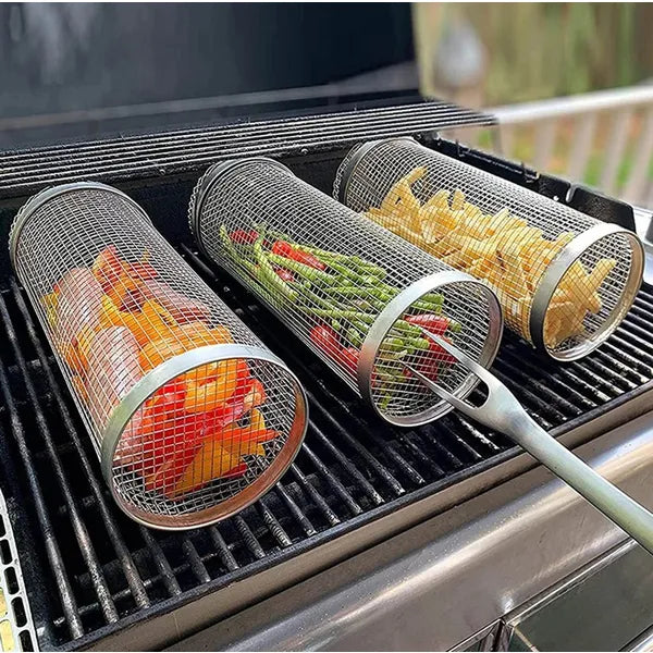 Zárható rozsdamentes acél grillkosár, 30 cm, zöldséghez és halhoz