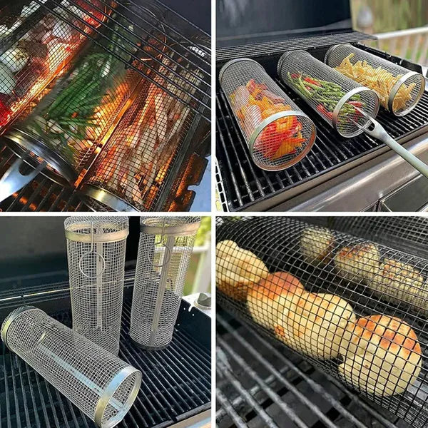 Zárható rozsdamentes acél grillkosár, 30 cm, zöldséghez és halhoz