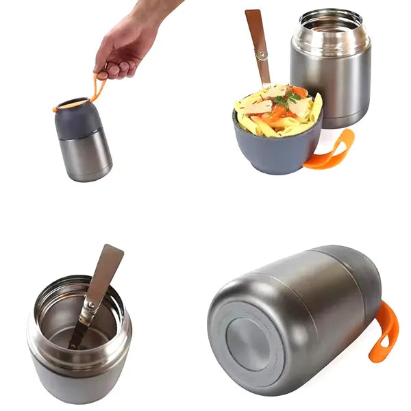 Rozsdamentes acél ételtermosz 650 ml összecsukható kanállal, szürke