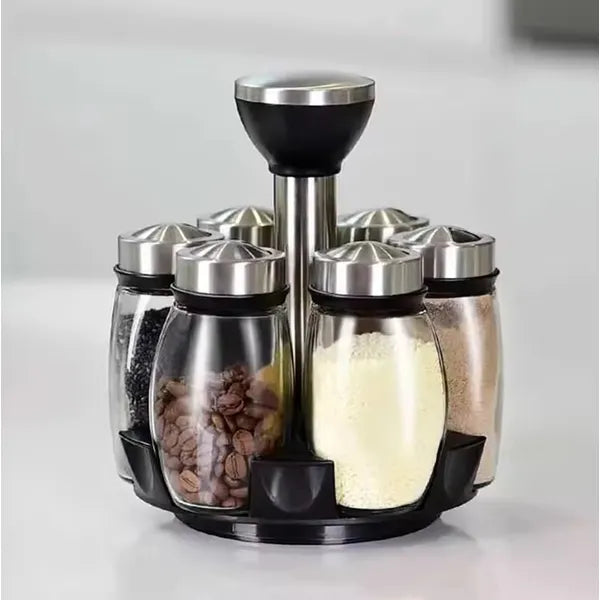 Forgatható fűszertartó állvány 6 üveg edénnyel, 120 ml, rozsdamentes acél